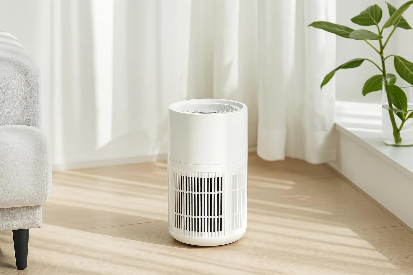 AeroPure air purifier standing on a wood floor in a sunlit living room