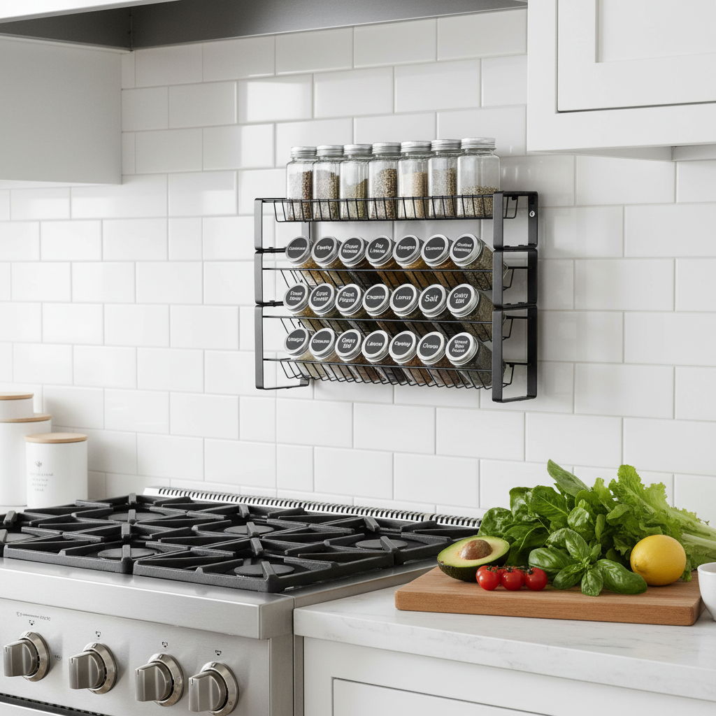 Savor spice rack wall-mounted on subway tile above a range