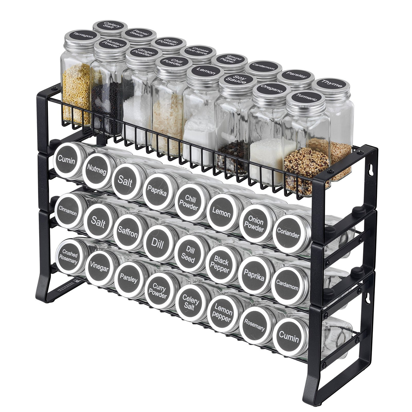 Savor four-tier spice rack filled with labelled jars, shown at an angle
