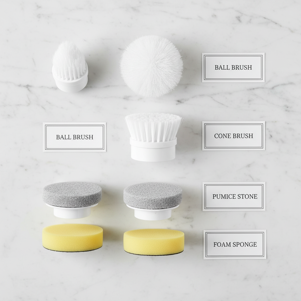 CleanReach attachment heads labelled ball brush, cone brush, pumice stone and foam sponge