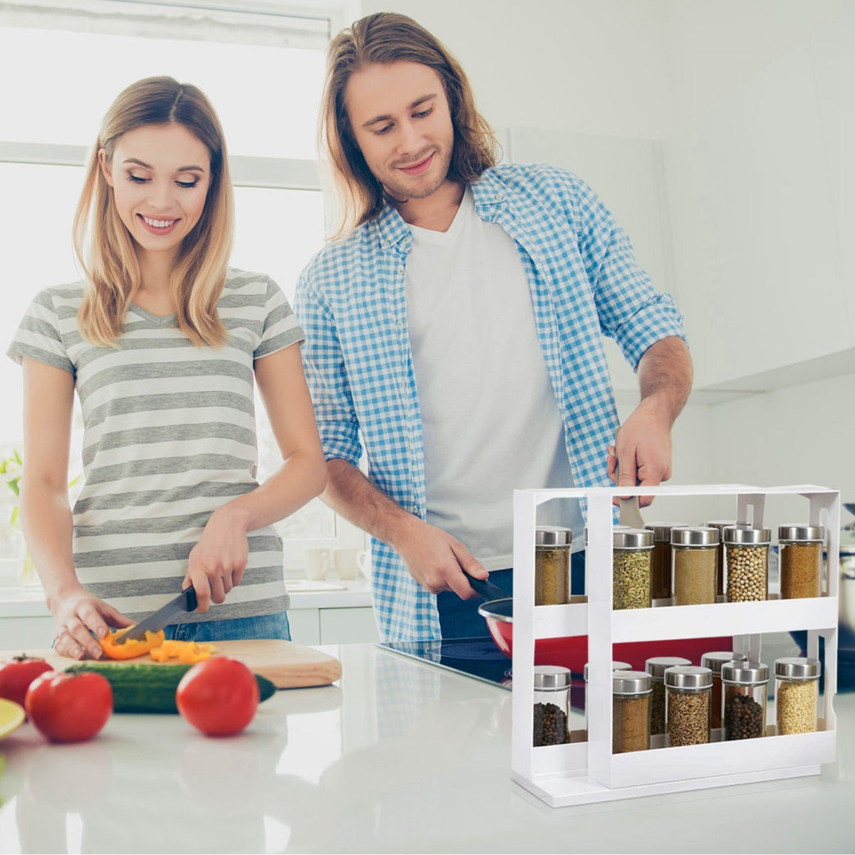 SpinReach white two-tier spice rack shown at countertop scale