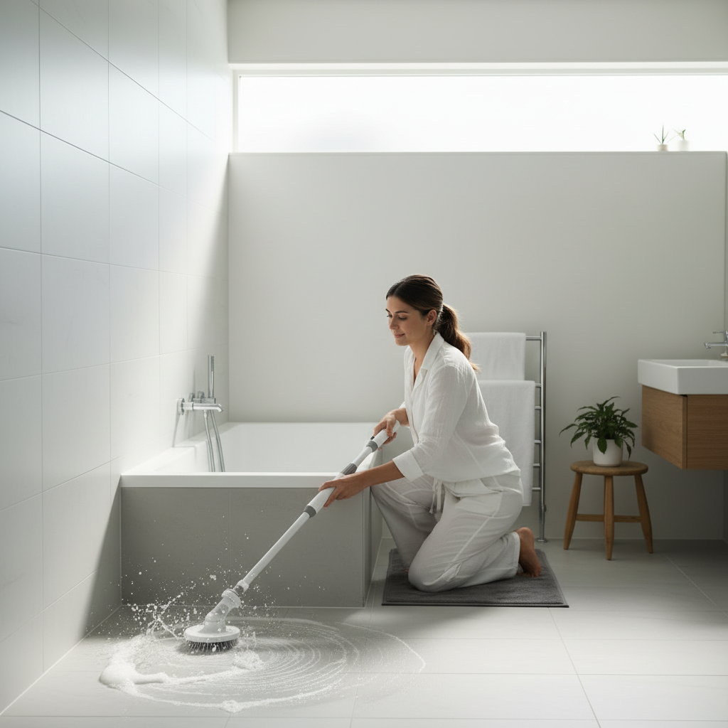 CleanReach spin scrubber cleaning the base of a tiled shower wall and bathroom floor