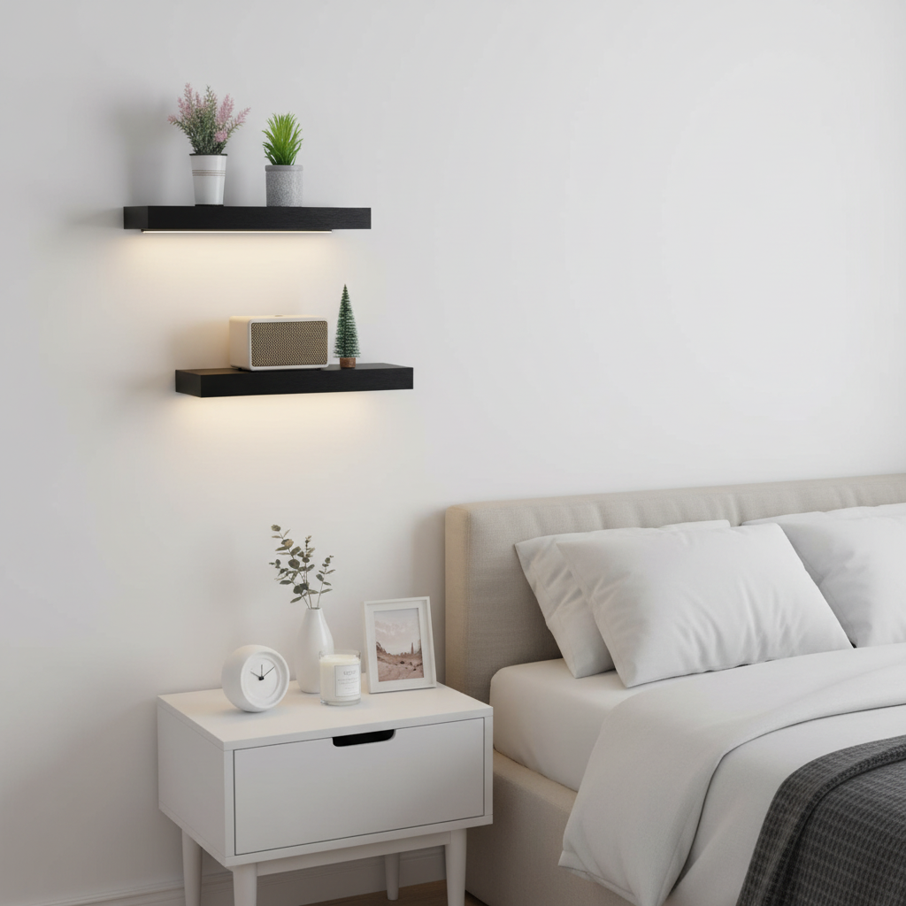 Two Halo LED shelves casting warm light above a bedside table