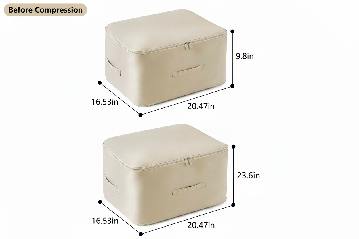 Loft bag dimensions — 20.47 x 16.53 in footprint, 9.8 in compact and 23.6 in with the expansion zipper open