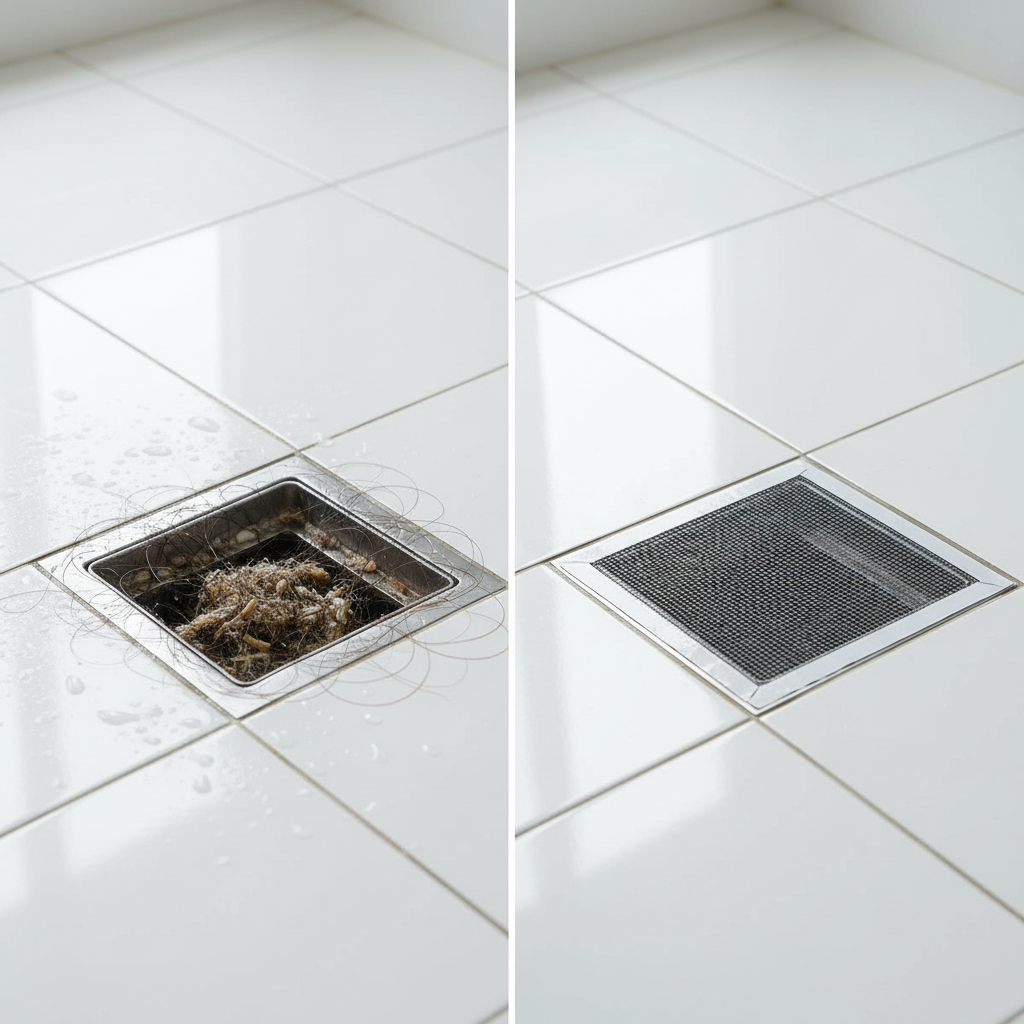 Side-by-side comparison of a drain clogged with debris and the same drain covered by MeshGuard