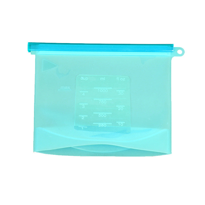 Blue Cinch silicone bag showing the moulded cup, ml and fl oz measurement marks