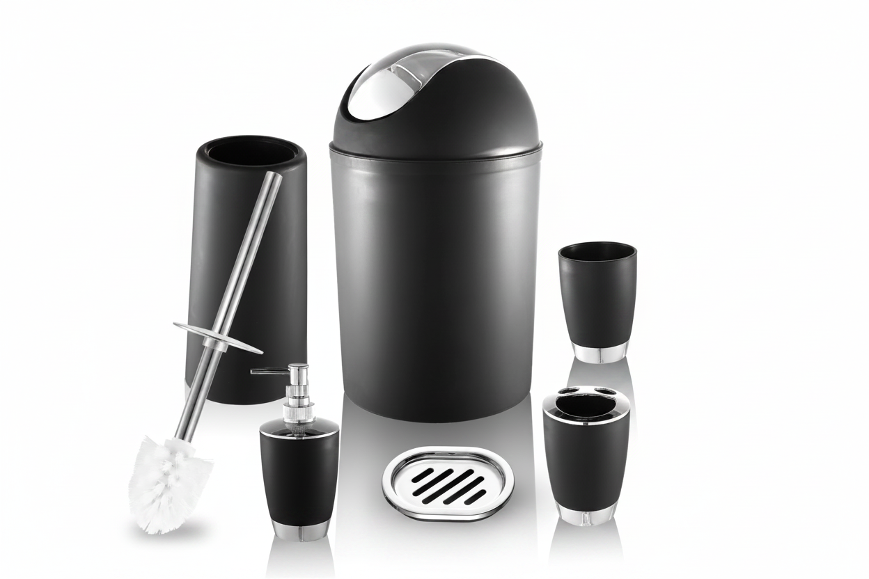 Suite six-piece bathroom set in black — waste bin, toilet brush, soap dispenser, tumbler, toothbrush holder and soap dish