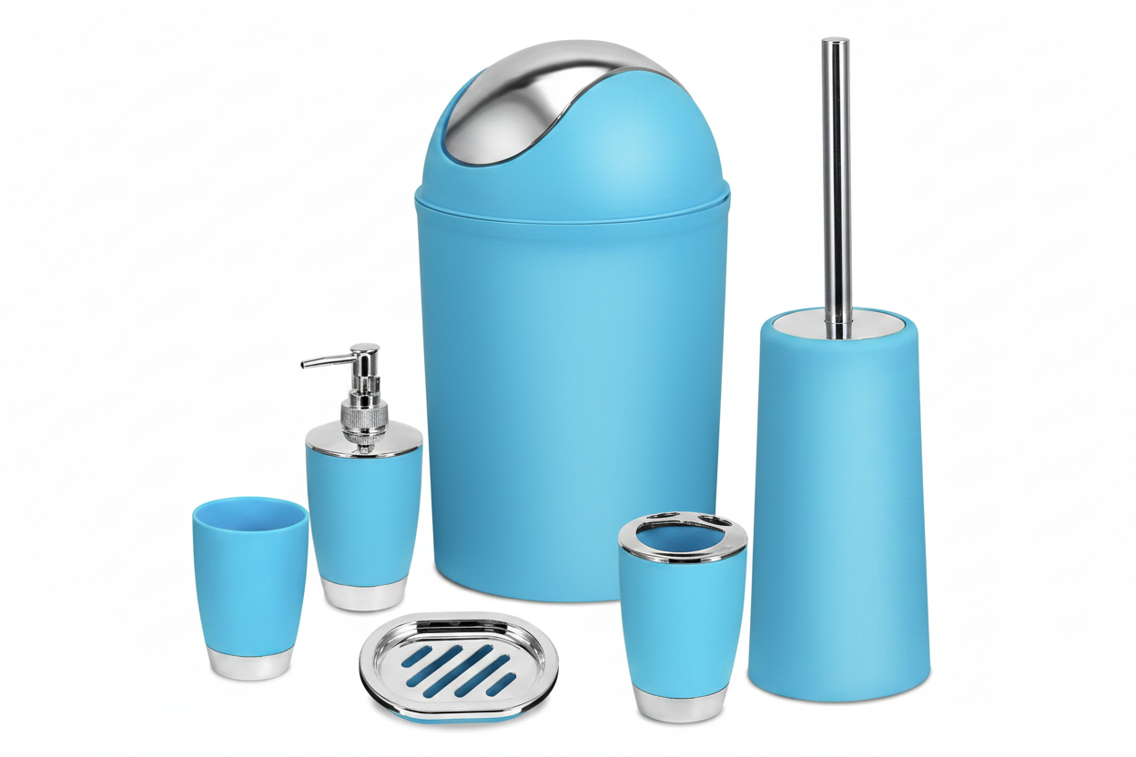 Suite six-piece bathroom set in blue — waste bin, toilet brush, soap dispenser, tumbler, toothbrush holder and soap dish