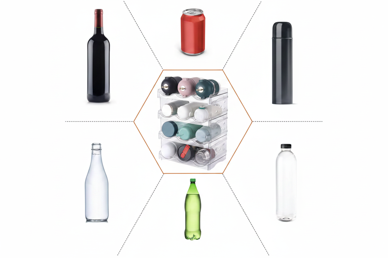 ClearStack compatibility chart — fits wine bottles, cans, flasks, water bottles and soda bottles