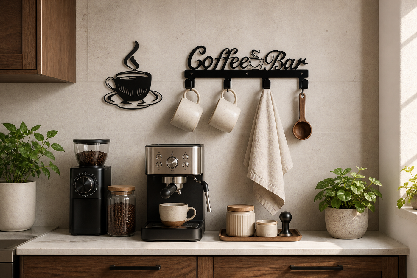 Coffee Bar hook rack with four accessories above a modern walnut coffee station