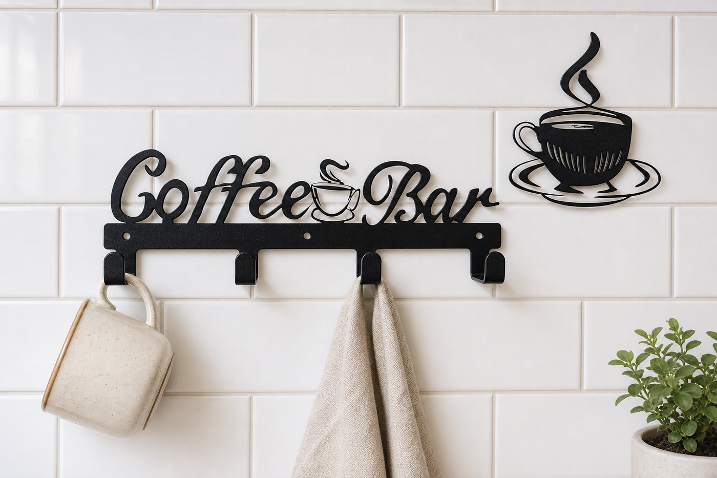 Close-up of matte-black Coffee Bar wall rack with four hooks and matching cup accent