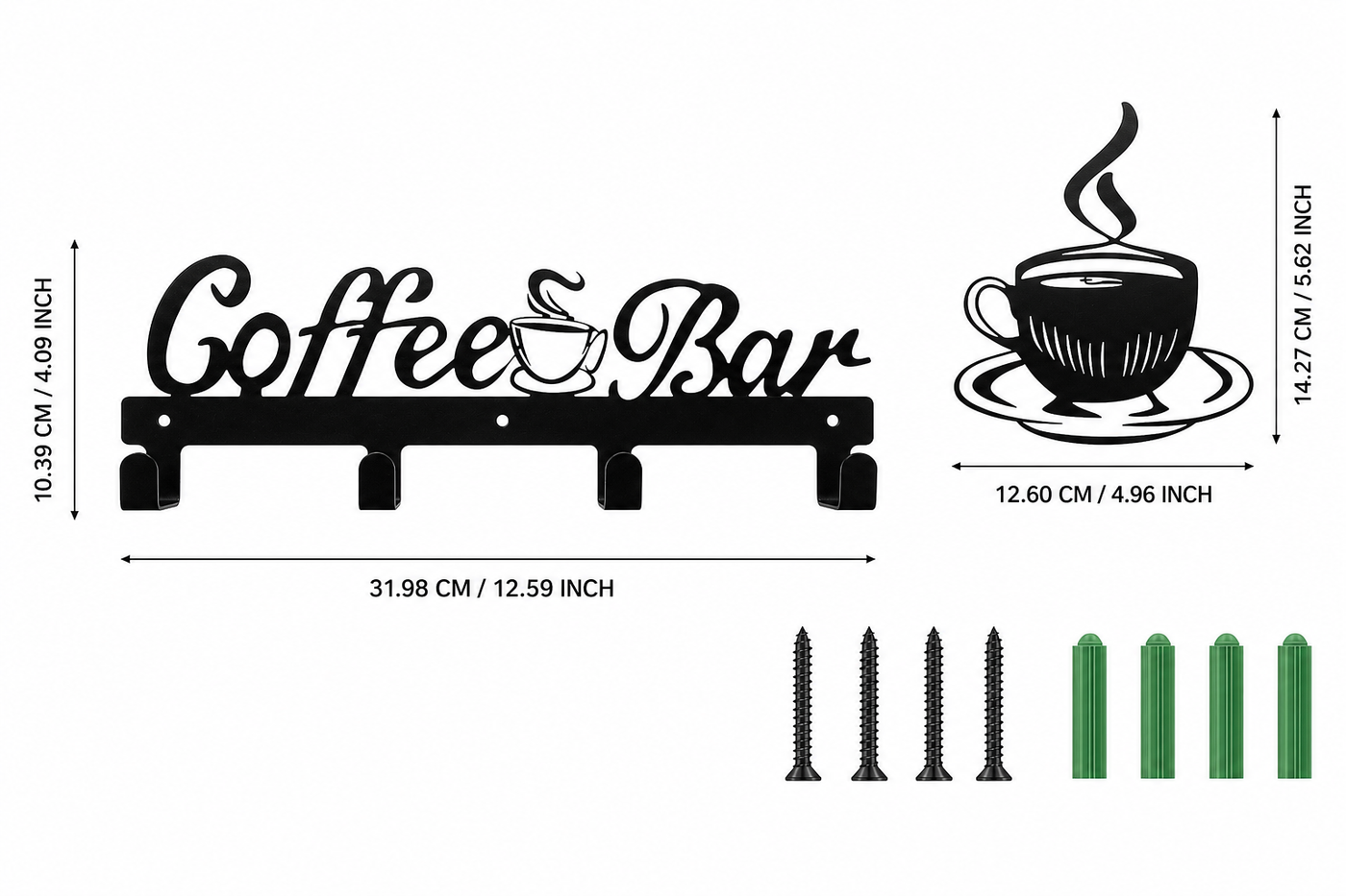 Dimensions of Brew Coffee Bar Hook Rack and matching cup accent with mounting hardware