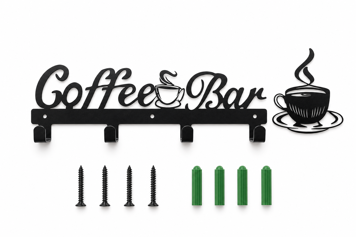 Brew Coffee Bar Hook Rack set with matching cup accent, four screws and four wall anchors
