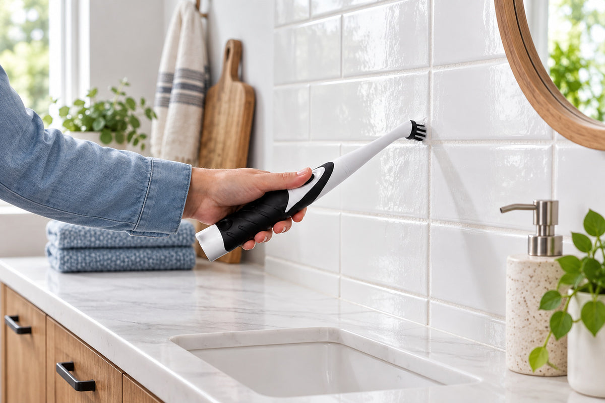 BrushEase AA-powered cleaning brush held against white ceramic tile
