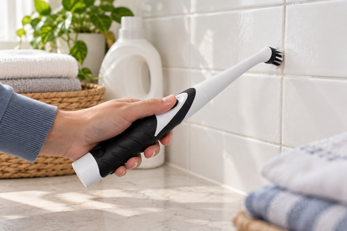 BrushEase used on a ceramic-tile laundry-room backsplash