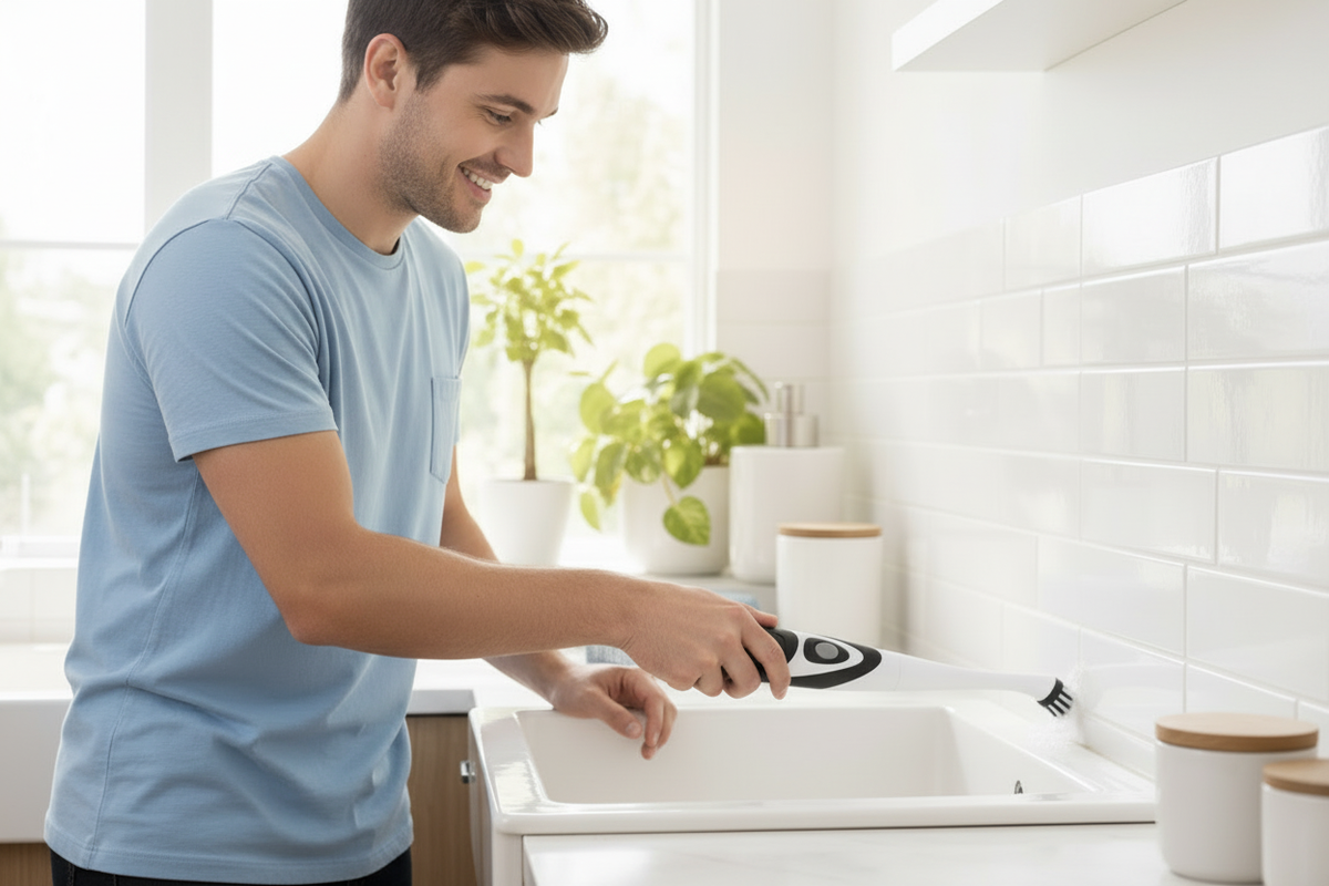 BrushEase cleaning a porcelain kitchen sink seam