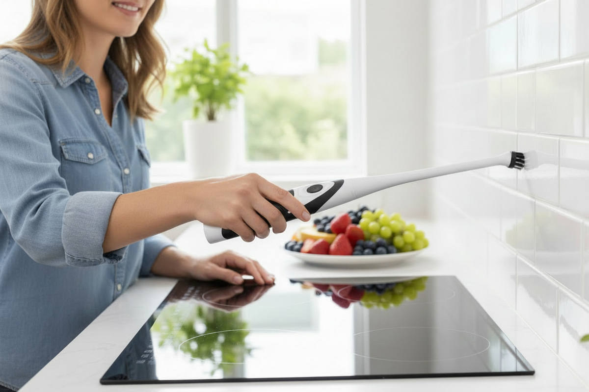 BrushEase cleaning around a kitchen stove and tile