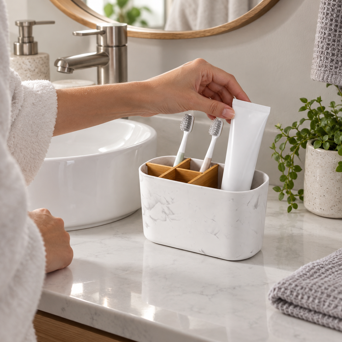 BrushNook bamboo-divider countertop organizer in realistic bathroom use