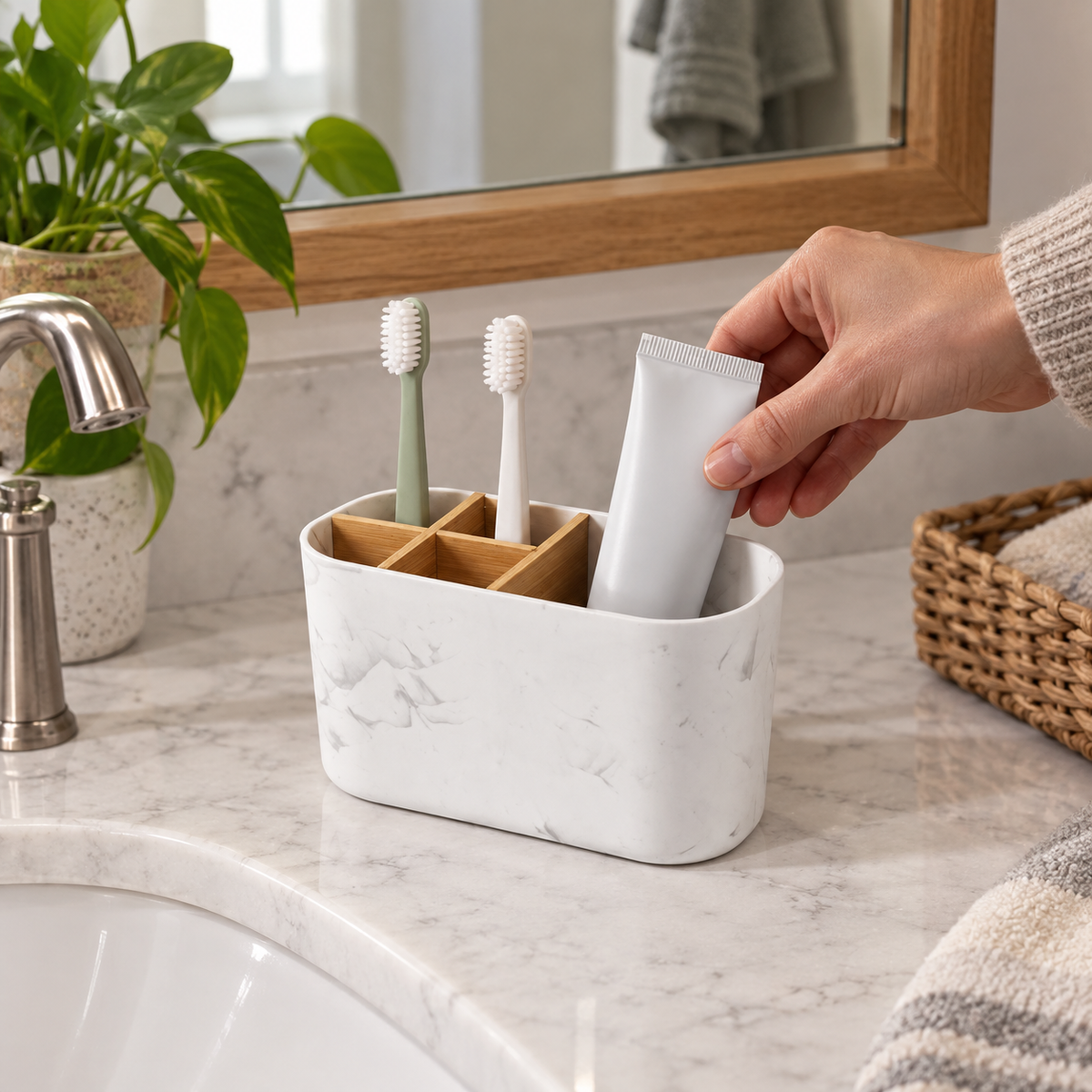 BrushNook bamboo-divider countertop organizer in realistic bathroom use