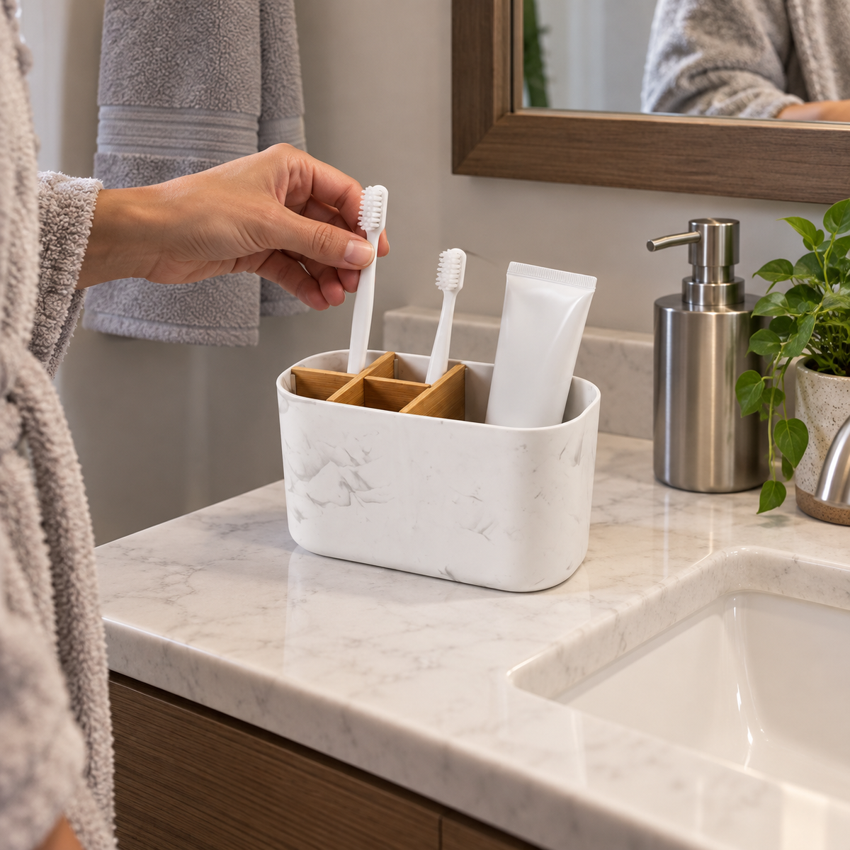 BrushNook bamboo-divider countertop organizer in realistic bathroom use