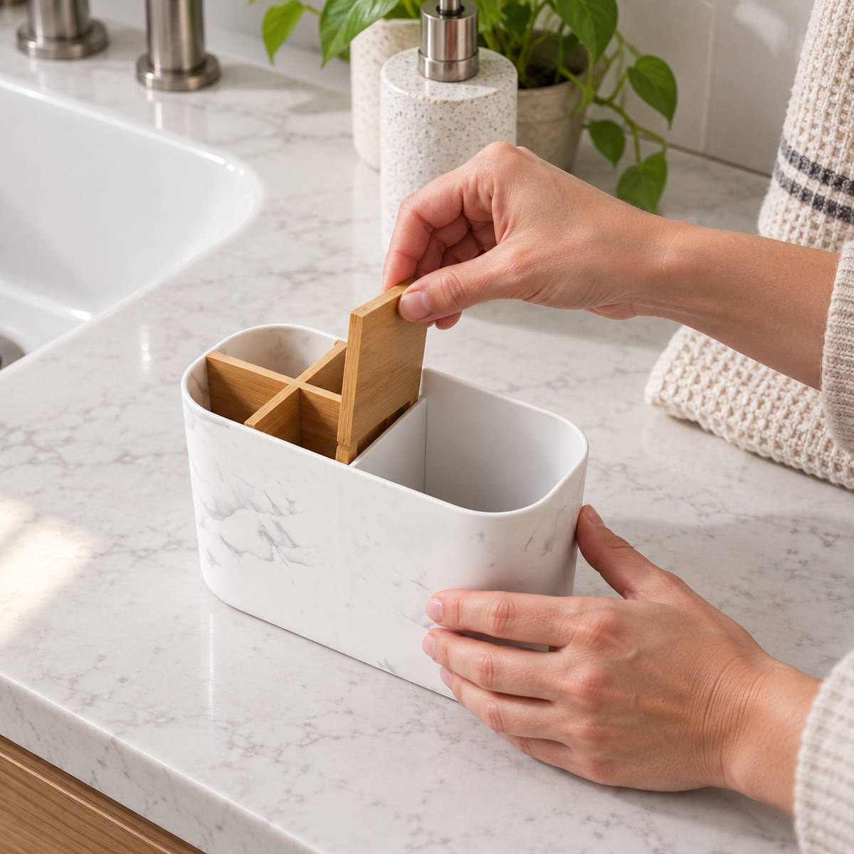 BrushNook bamboo-divider countertop organizer in realistic bathroom use