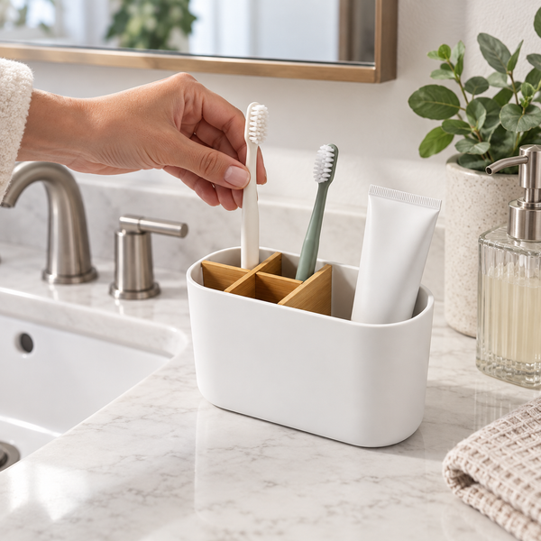 BrushNook Bamboo-Divider Countertop Organizer