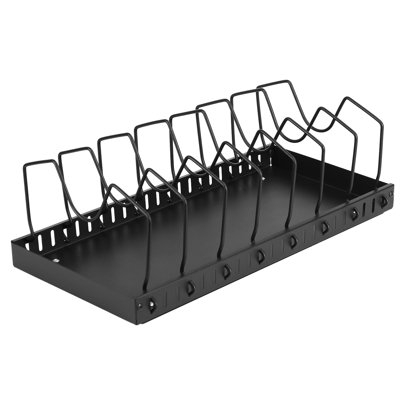 Empty GlideRack in black, showing the adjustable wire dividers and sliding base