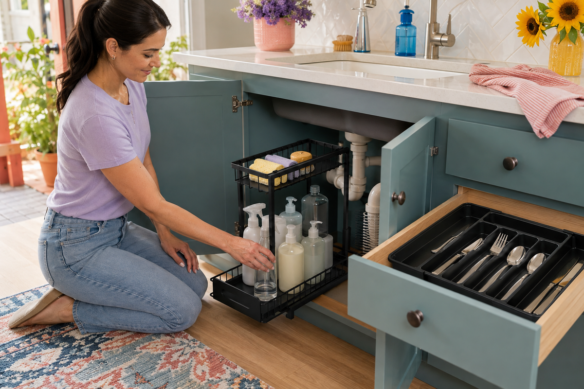 Reaching for a bottle in Basin with TidySpan in the adjacent drawer