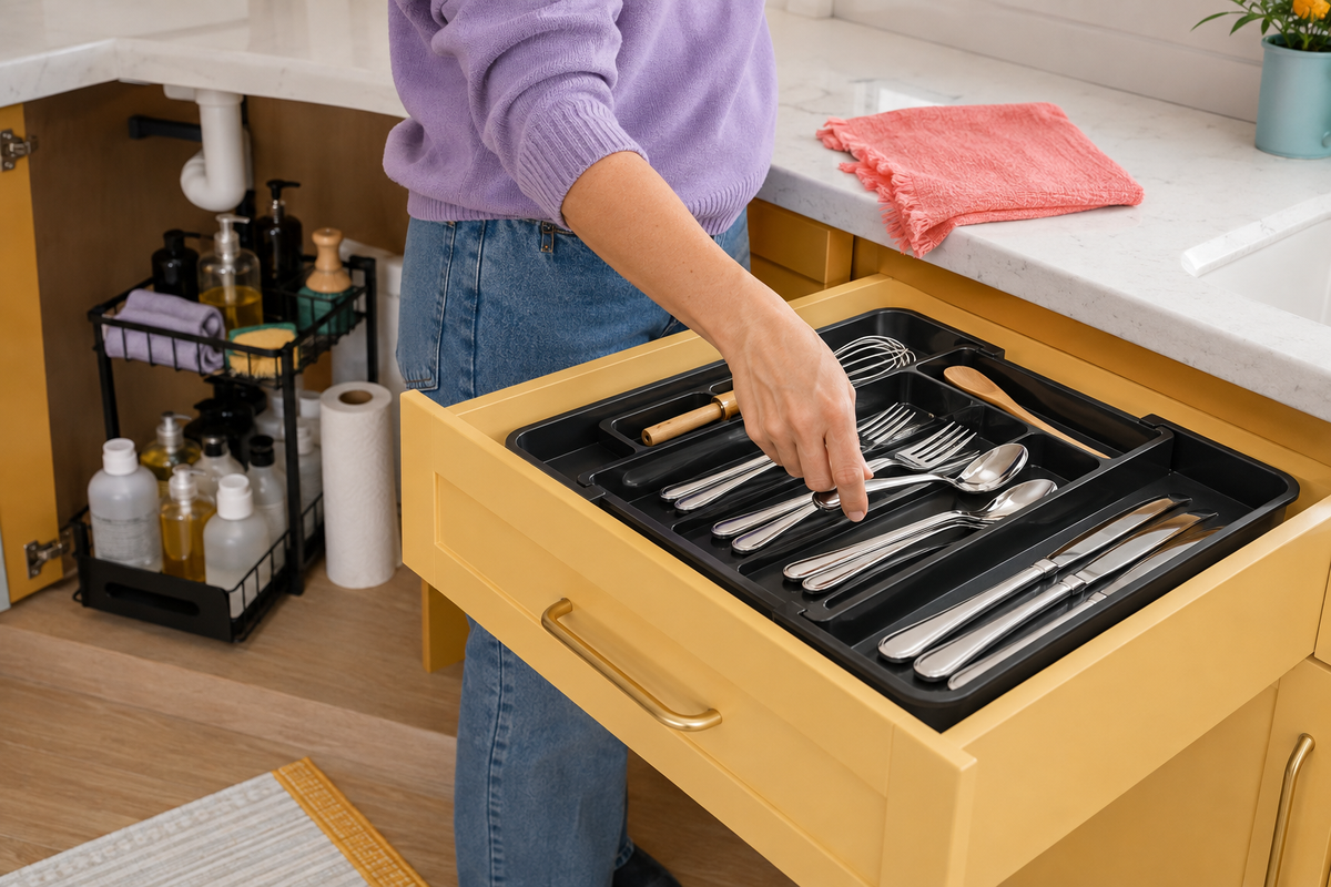 Taking cutlery from TidySpan with Basin organized under the sink