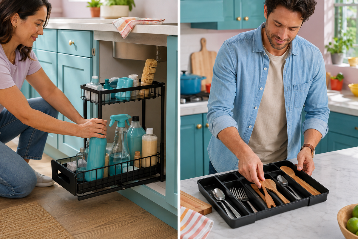 Two adults arranging the separate Cabinet Reset organizers