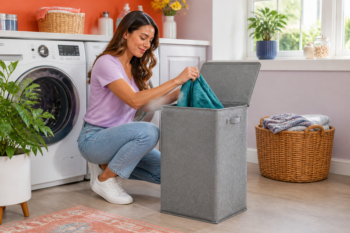 Removing a towel from CalmFold beside the washing machine