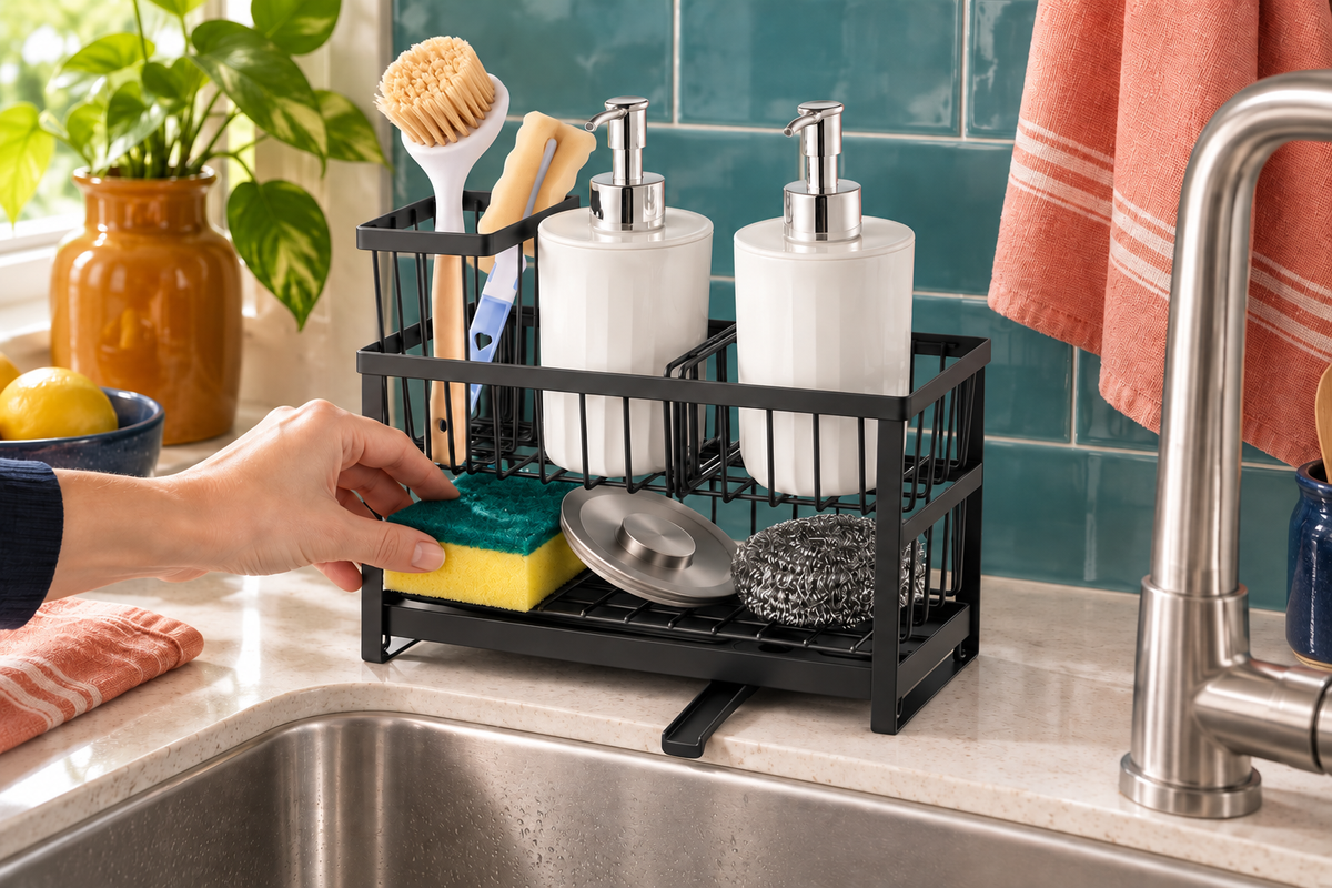 Cascade black two-tier sink caddy with a hand returning a sponge to its lower shelf in a teal kitchen