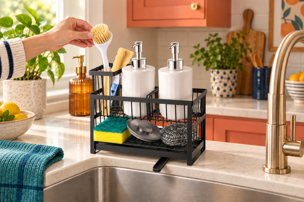 Cascade black two-tier sink caddy with a hand lifting a dish brush from its tall compartment