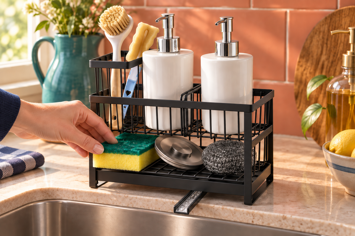 Cascade black two-tier sink caddy showing the lower shelf and open drainage spout beside a sink