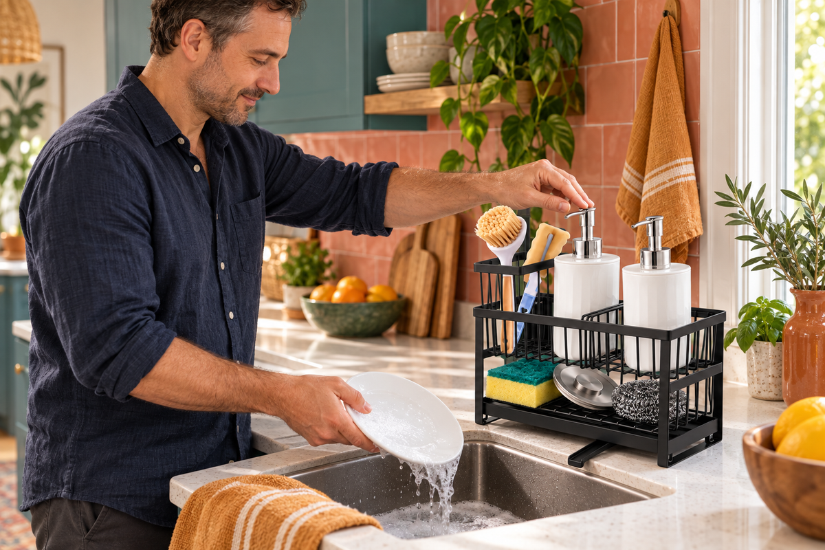 A man washing a plate beside the Cascade two-tier sink caddy in a colorful kitchen