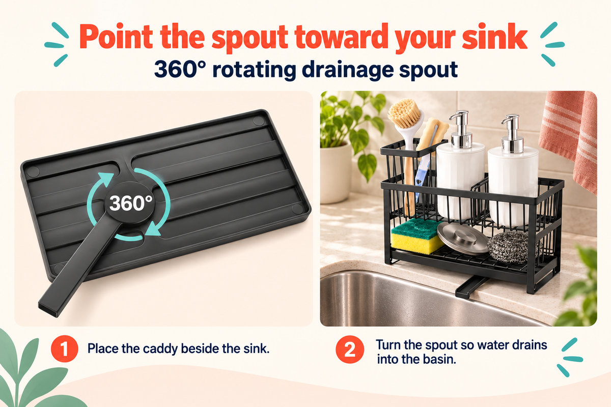 Cascade drainage setup: place the caddy beside the sink and turn its360-degree rotating spout toward the basin; cleaning props not included