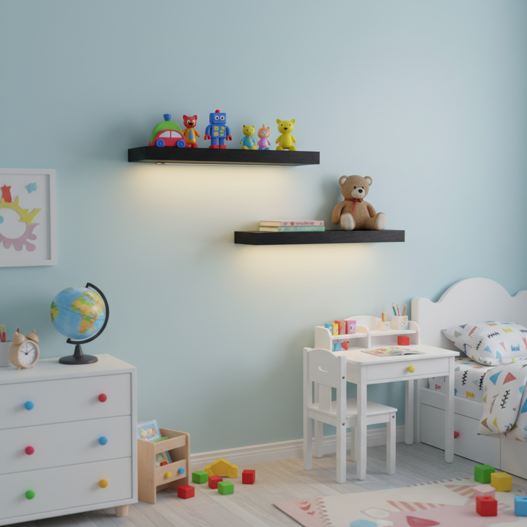 Two Halo LED shelves lit above a child's play table, holding toys and books
