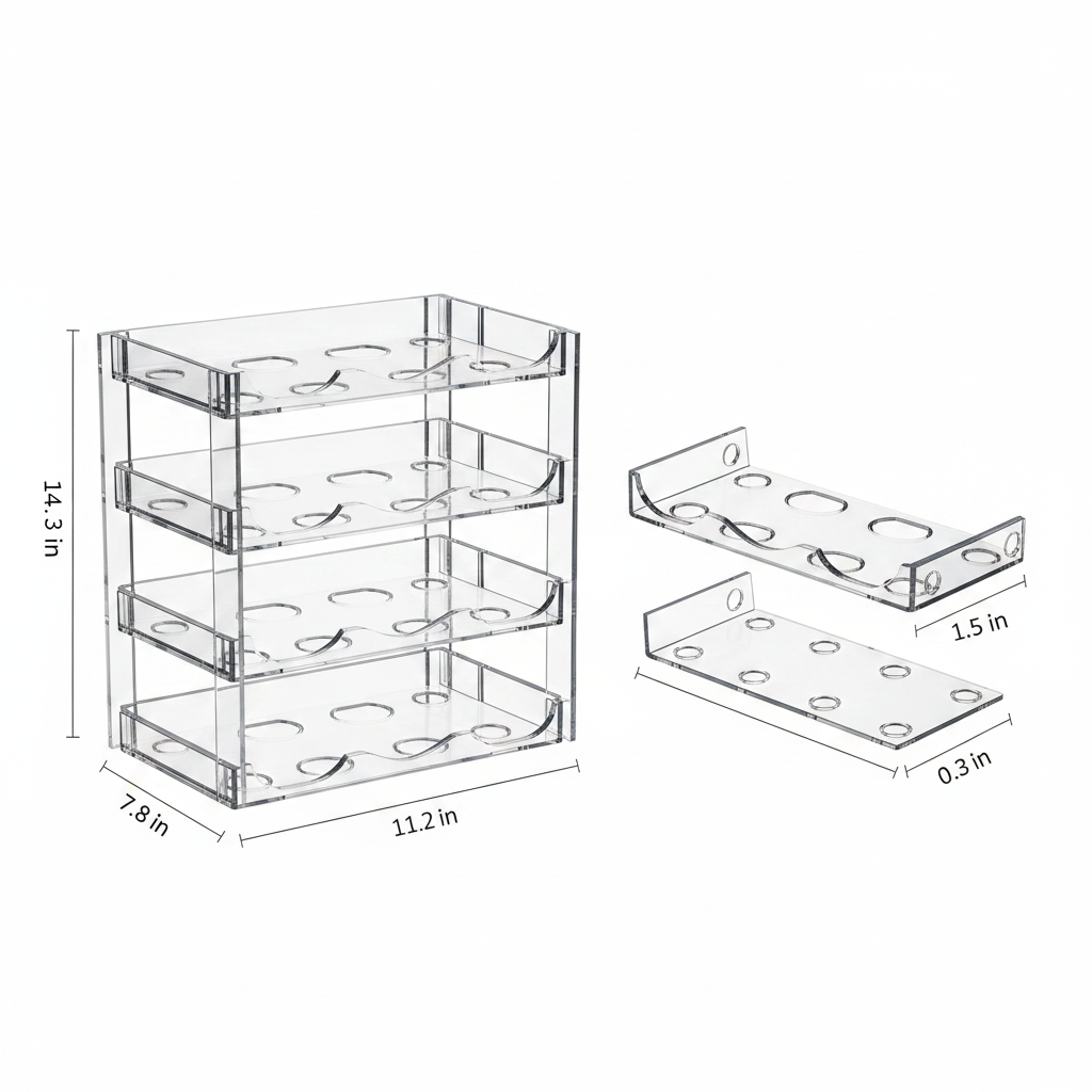 ClearStack organizer dimensions — 14.3 inches tall, 11.2 inches wide, 7.8 inches deep, with 1.5 and 0.3 inch connectors