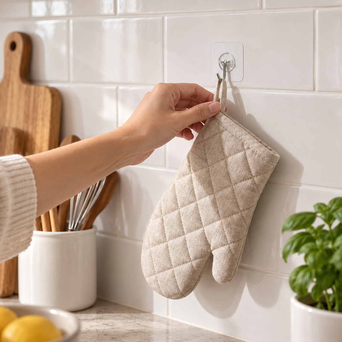 ClearHold transparent adhesive hook in realistic household use