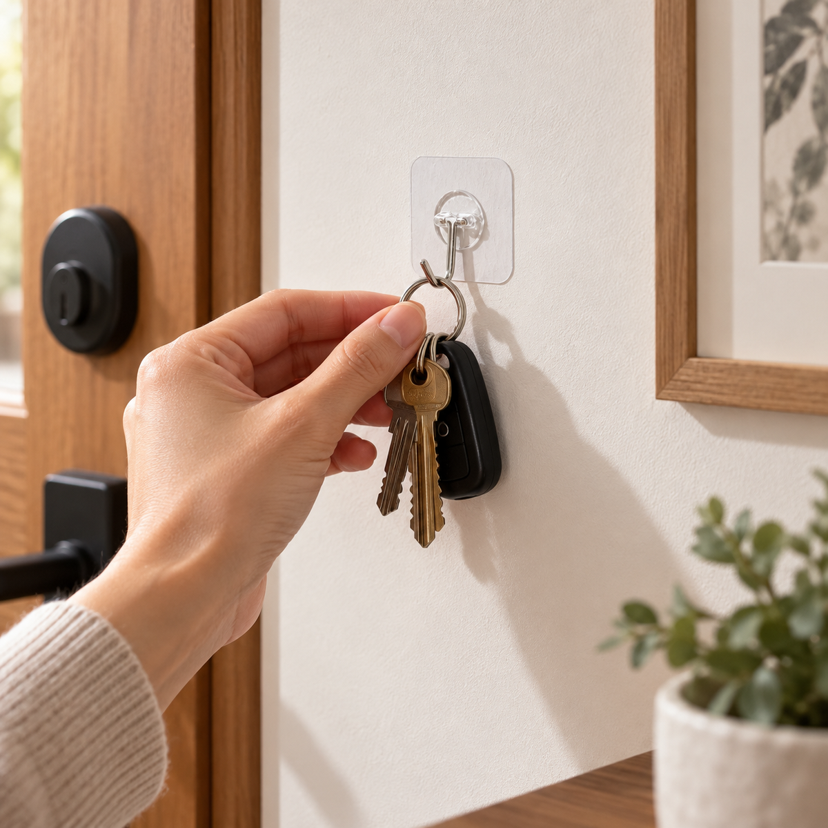 ClearHold transparent adhesive hook in realistic household use