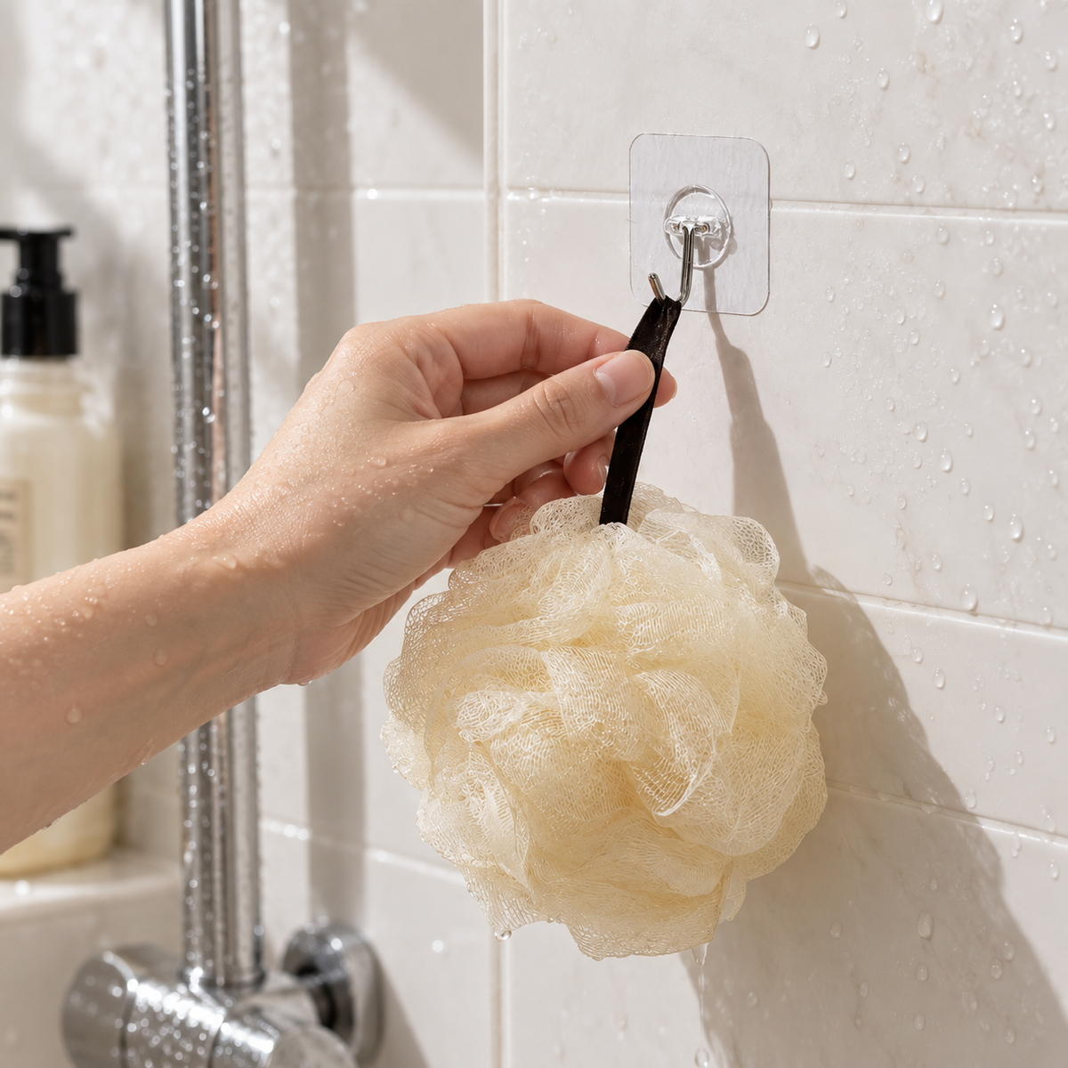 ClearHold transparent adhesive hook in realistic household use