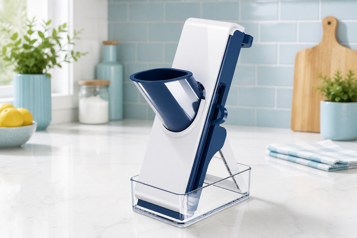 Cleave upright 3-in-1 vegetable slicer in deep blue on a bright kitchen counter