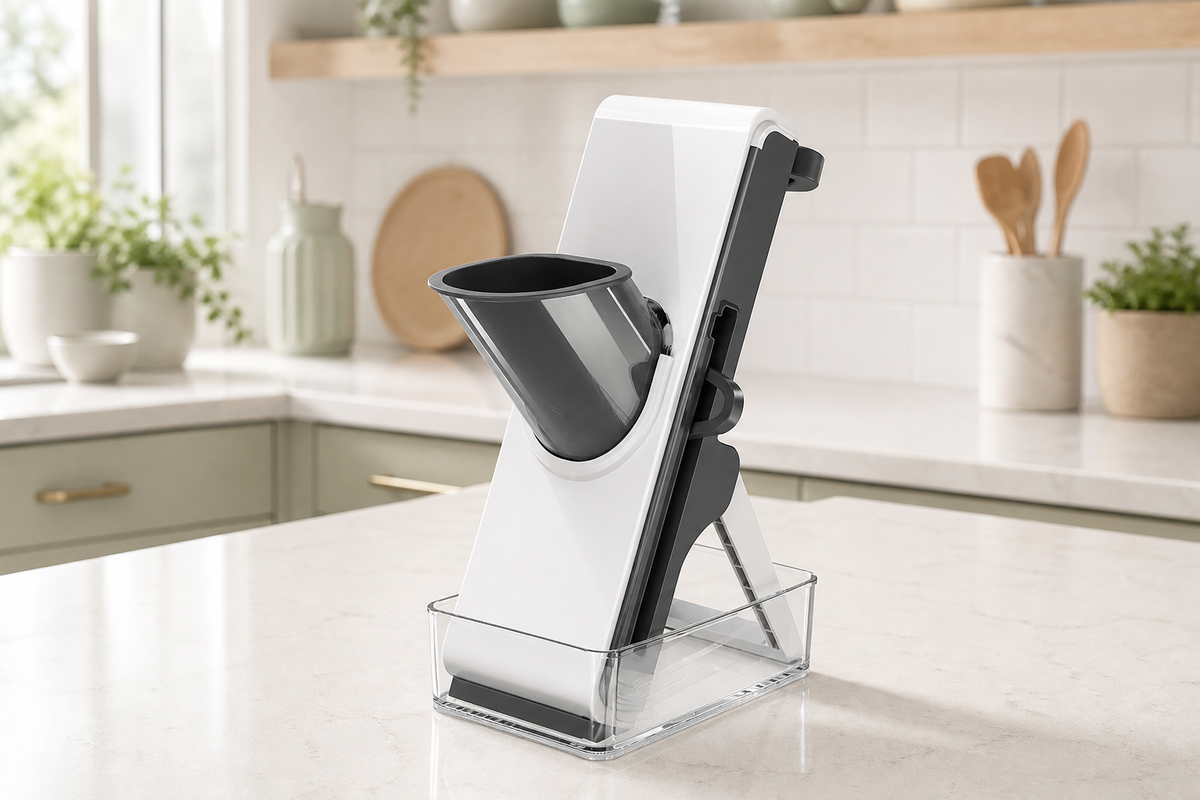 Cleave upright 3-in-1 vegetable slicer in charcoal grey on a bright kitchen counter