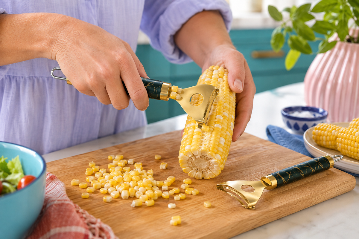 Removing kernels from corn with CobGlide on a chopping board