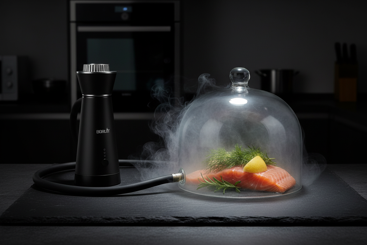 Plume infuser smoking salmon under a glass dome on dark slate