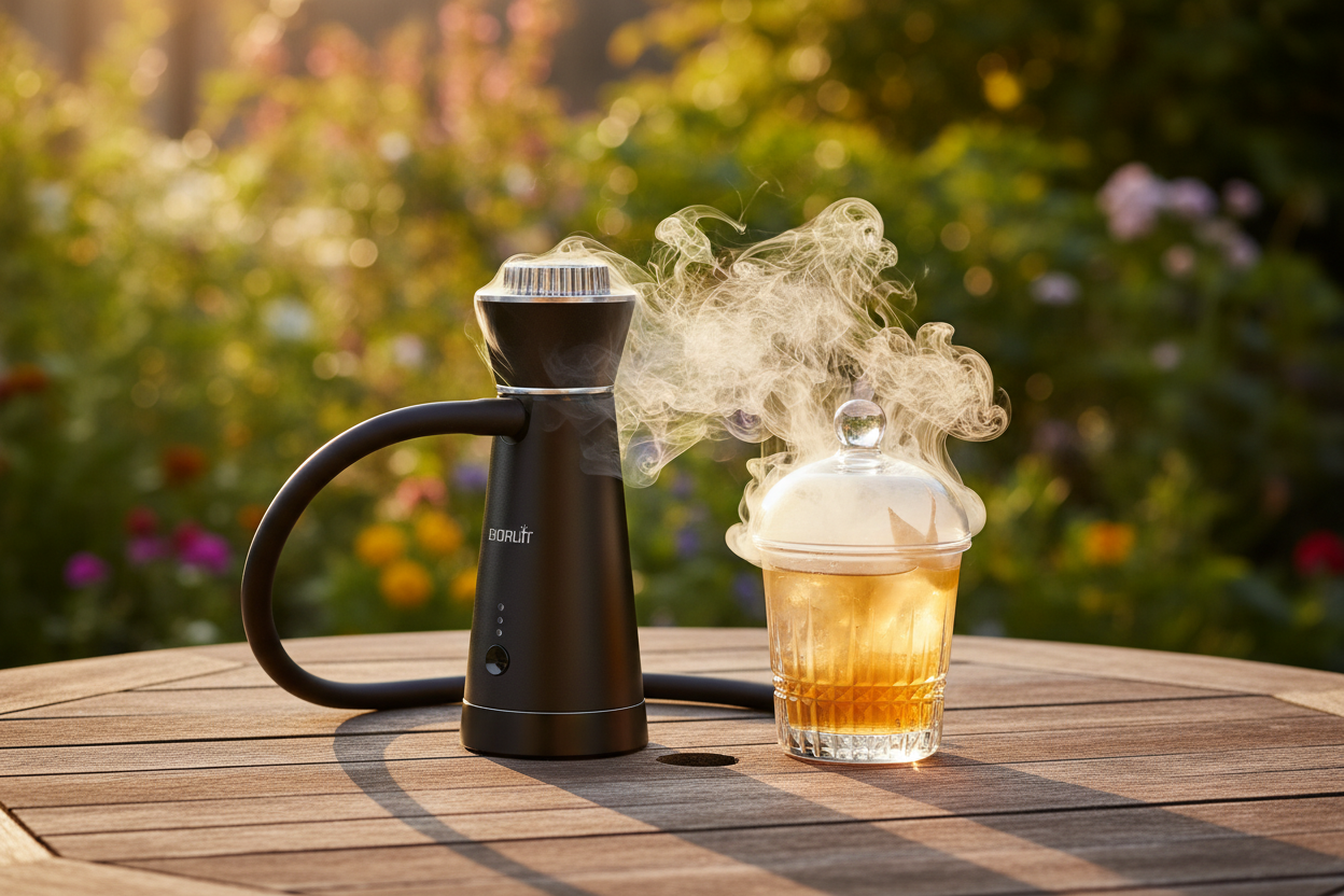 Plume infuser filling a covered cocktail glass with smoke on an outdoor table