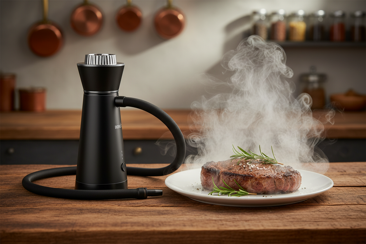 Plume infuser smoking a steak under a glass cloche on a rustic counter