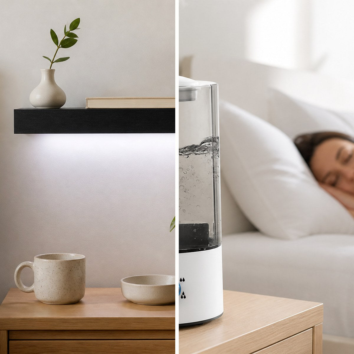 The Glow Corner bundle — Halo LED floating shelf and HushMist humidifier in the bedroom