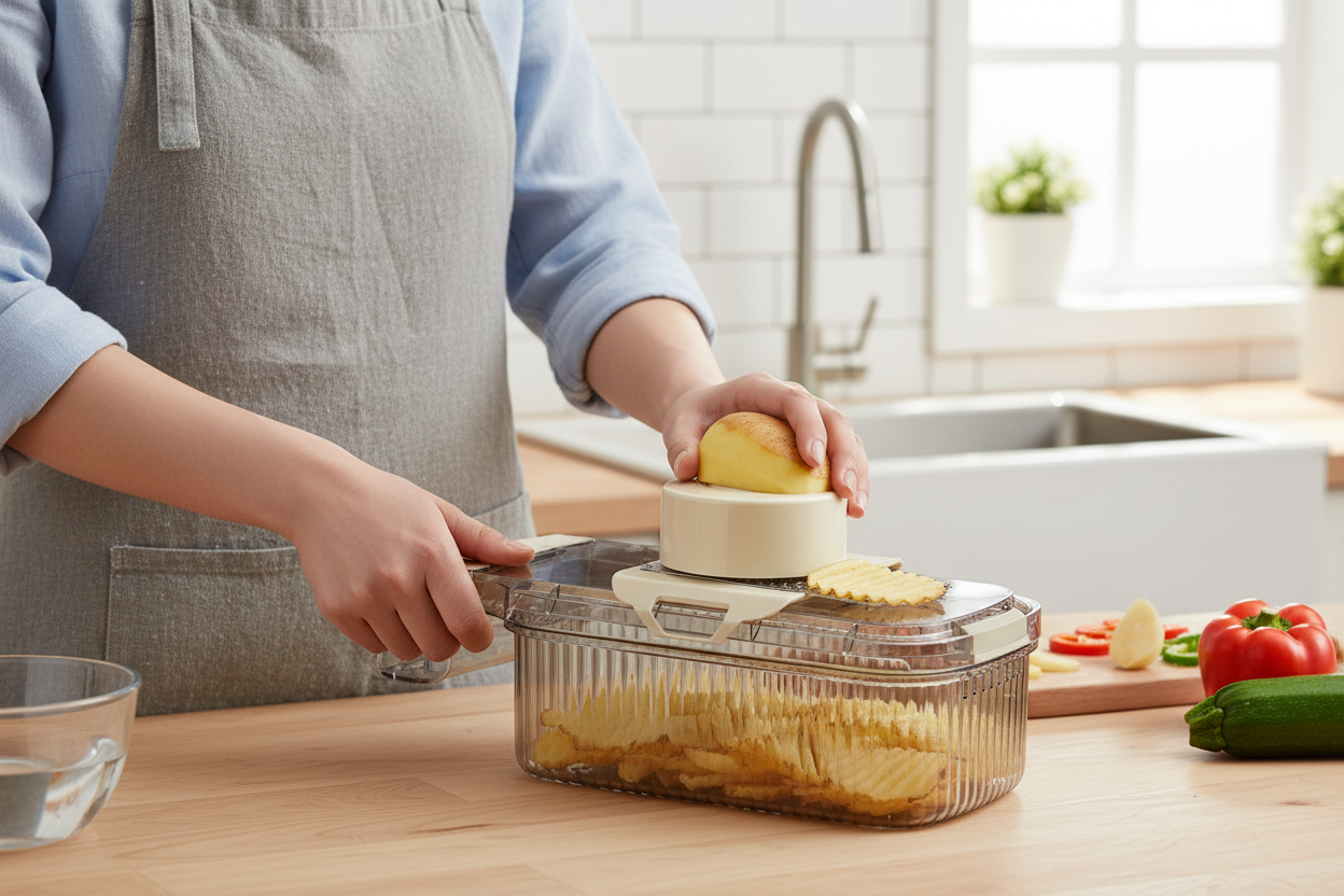 Both hands pressing the PrepPro chopper to cut wavy potato slices