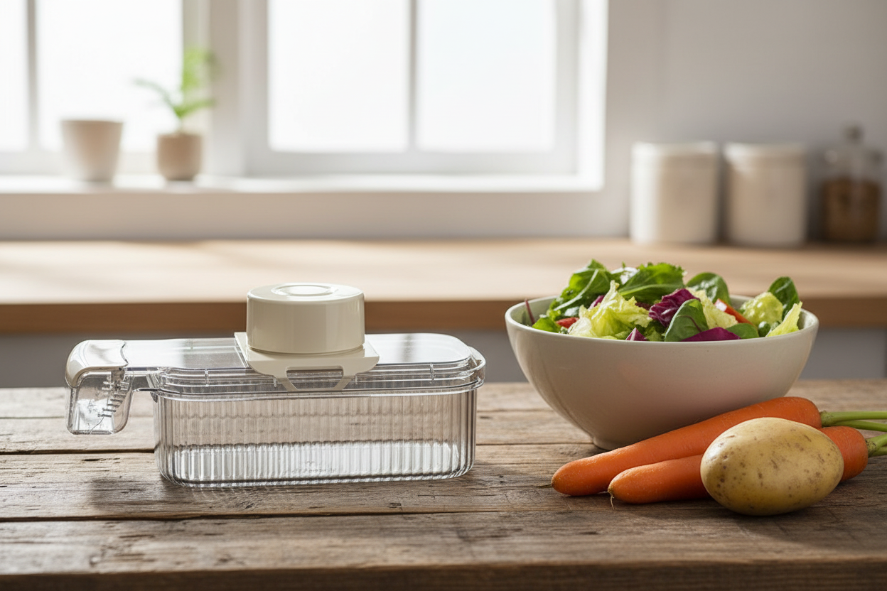 PrepPro vegetable chopper on a farmhouse table beside a bowl of prepared vegetables
